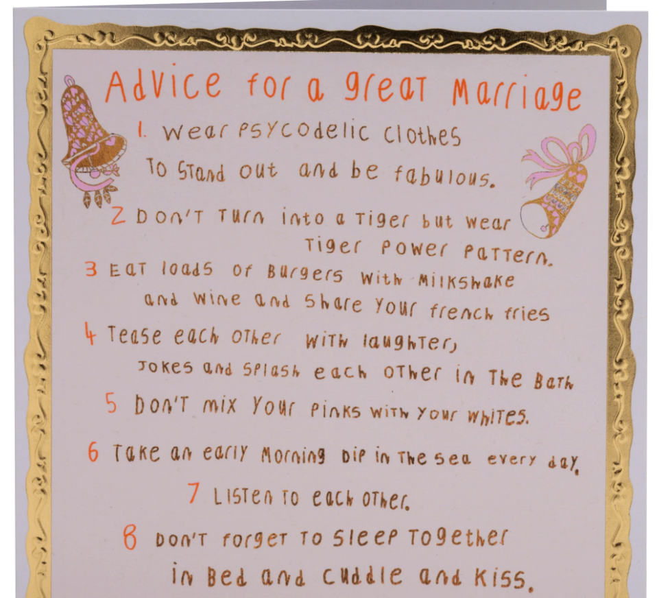 Advice for Great Marriage card by Arthouse Unlimited, featuring bold, expressive artwork with a striking design and playful message, created by artists with learning disabilities.