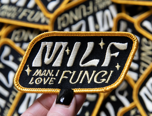 Man I Love Fungi embroidered patch by Moss and Morcella, featuring a fun design