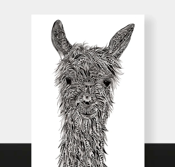 Alpaca card by Pia Elliot, featuring an intricate, detailed design of an Alpaca 