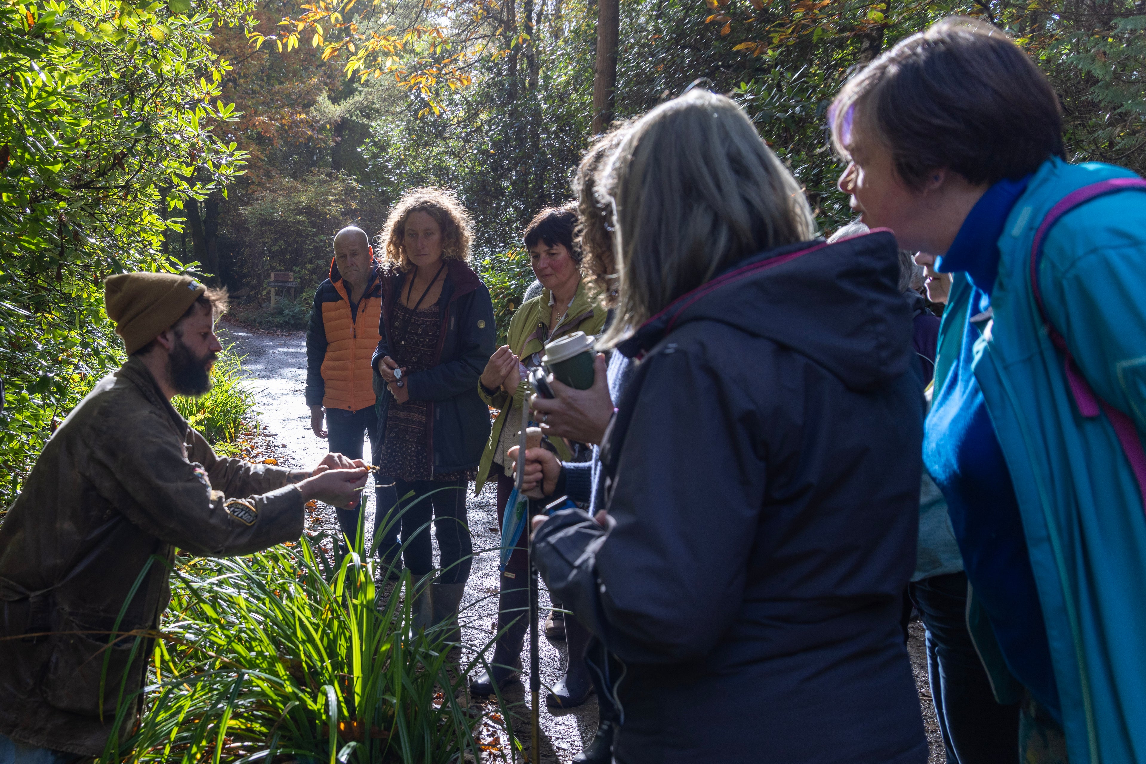 Group of people gathered around a person holding a mushroom in a forest setting.
