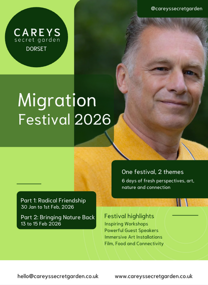 Promotional poster for Careys Secret Garden Migration Festival 2026 featuring a man and event details.