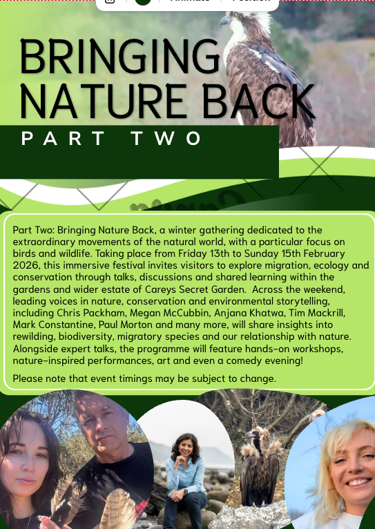 Promotional flyer for 'Bringing Nature Back' event with text and images of people and nature.