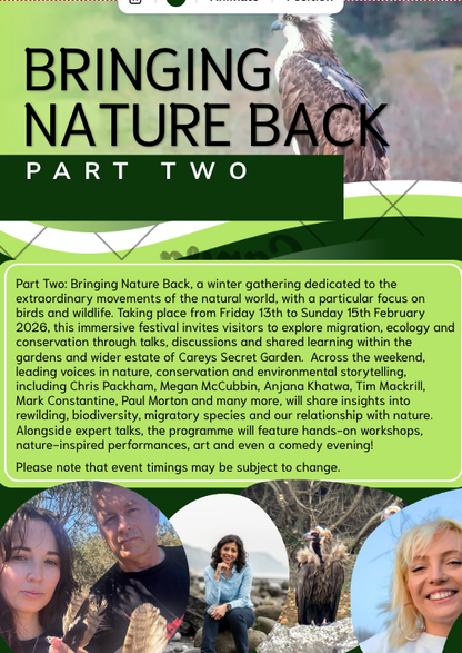 Promotional flyer for 'Bringing Nature Back' event with text and images of people and nature.
