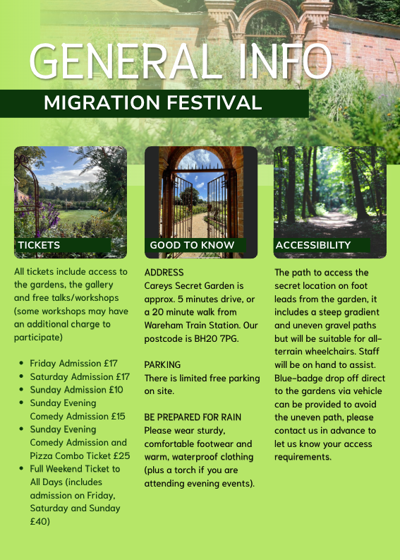 Information flyer for a Migration Festival event with garden and gate imagery.